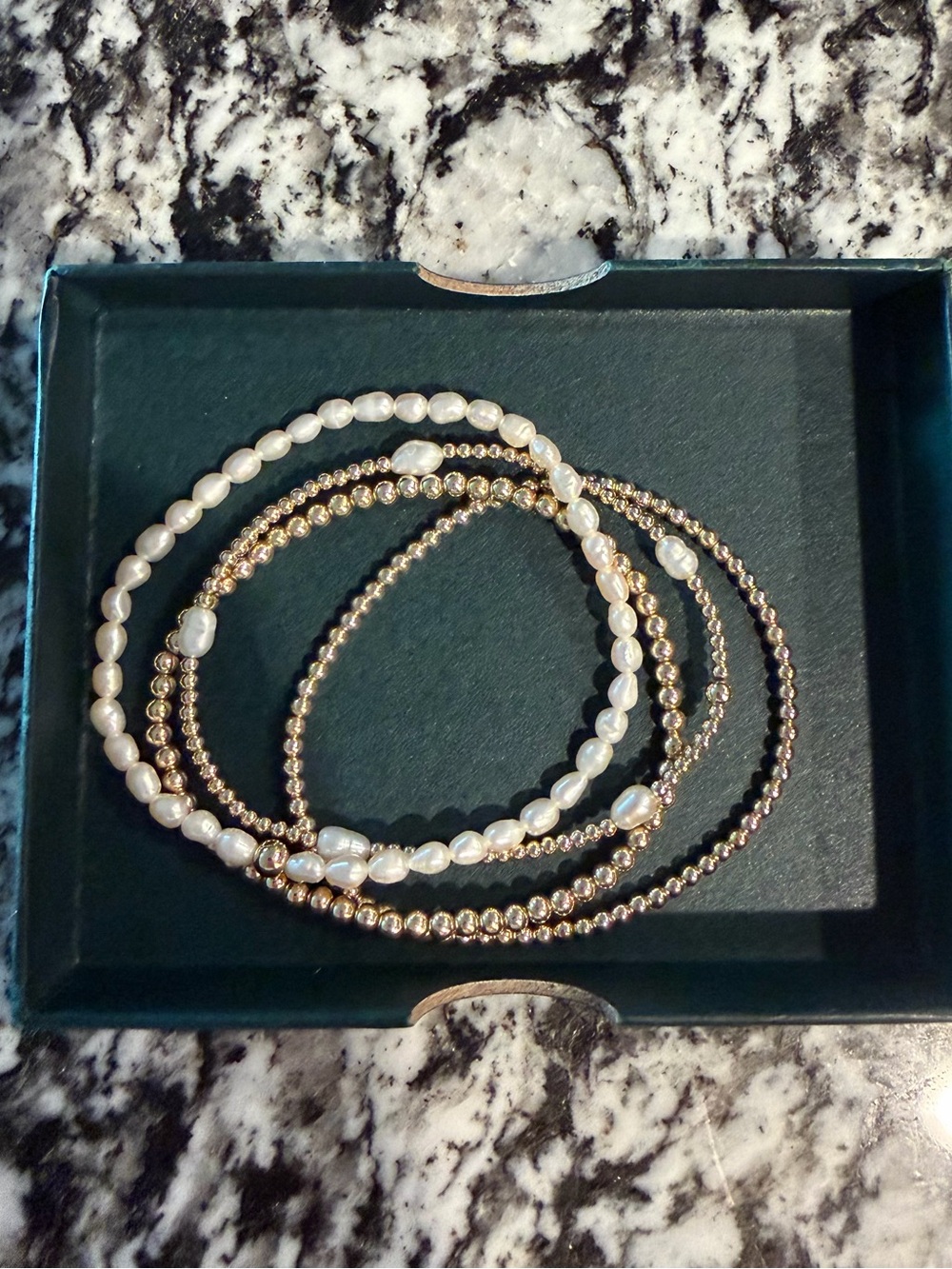 Etsy Gold And Pearl Beaded Bracelets Set of 4 Stretch 6.5 Inch Length